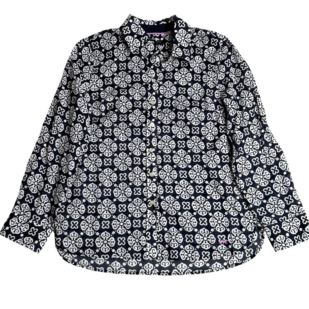 Talbots Medallion Print Button Down Shirt Black White Women SP